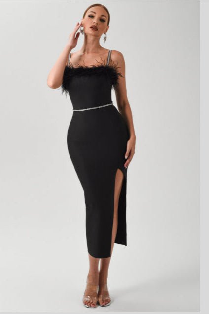 Verona Luxe Feather - Trim Strapless Crystal Bandage Dress by Luxe Lane | from Luxe Lane | SKU:  | Barcode:  | Options: Red XS | New Arrival Feather Dinner Party Dress Women Sexy Lady Belt Elegant Fur Vestido Bandage