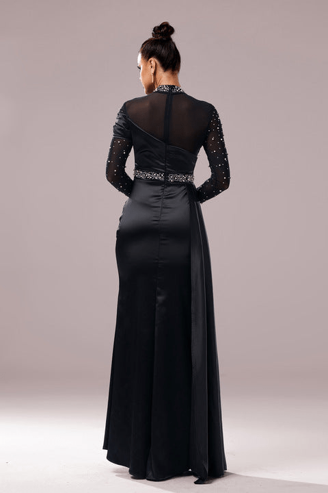 Veyra Black Sequin High Neck Evening Gown by Shine | mermaid gown from Luxe Lane | SKU: W11188-1 | Barcode:  | Options: Black S | Elegant Black Evening Gown Long Sleeve Sequin Maxi Dress High Neck Mesh Top Sparkly Formal Prom Outfit Women Party Wear