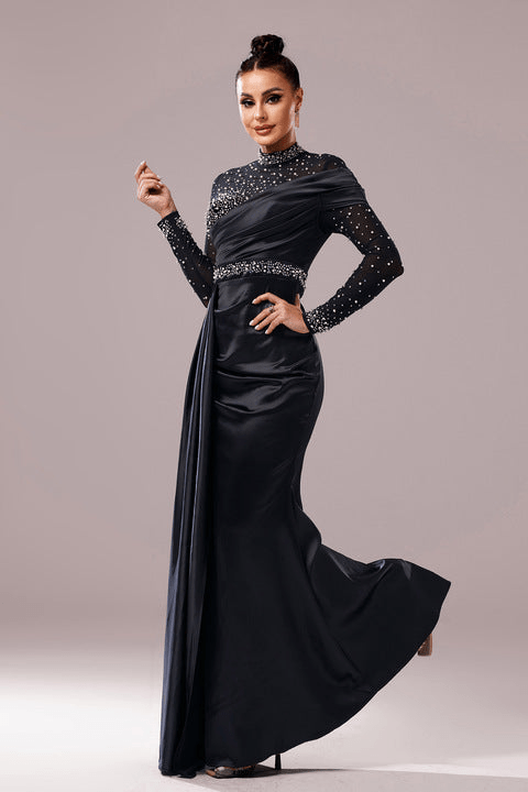 Veyra Black Sequin High Neck Evening Gown by Shine | mermaid gown from Luxe Lane | SKU: W11188-1 | Barcode:  | Options: Black S | Elegant Black Evening Gown Long Sleeve Sequin Maxi Dress High Neck Mesh Top Sparkly Formal Prom Outfit Women Party Wear