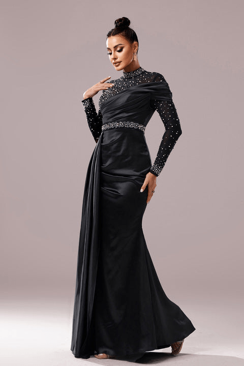 Veyra Black Sequin High Neck Evening Gown by Shine | mermaid gown from Luxe Lane | SKU: W11188-1 | Barcode:  | Options: Black S | Elegant Black Evening Gown Long Sleeve Sequin Maxi Dress High Neck Mesh Top Sparkly Formal Prom Outfit Women Party Wear