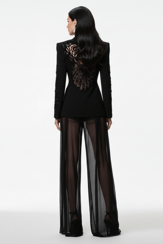 Veyra Sequin Blazer & Sheer Pants Set by Shine | 2 piece long set from Luxe Lane | SKU: -1 | Barcode:  | Options: Black S | Person wearing a black outfit with sheer pants on a white background