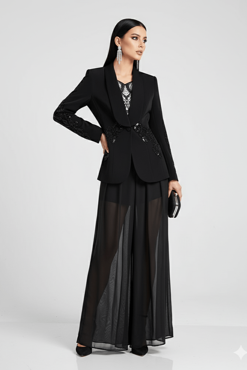 Veyra Sequin Blazer & Sheer Pants Set by Shine | 2 piece long set from Luxe Lane | SKU: -1 | Barcode:  | Options: Black S | Veyra Sequin Blazer & Sheer Pants Set