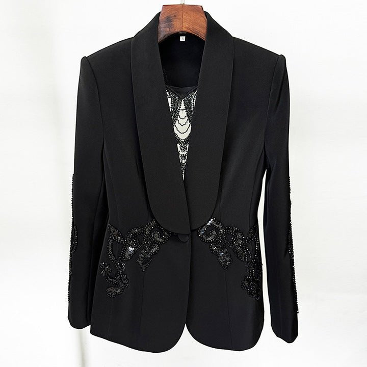 Veyra Sequin Blazer & Sheer Pants Set by Shine | 2 piece long set from Luxe Lane | SKU: -1 | Barcode:  | Options: Black S | Elegant Formal Evening Party Clubwear Clothing Women Sequined Black Blazer Set Sexy Sheer Wide Leg Pants Two Piece Suit Set