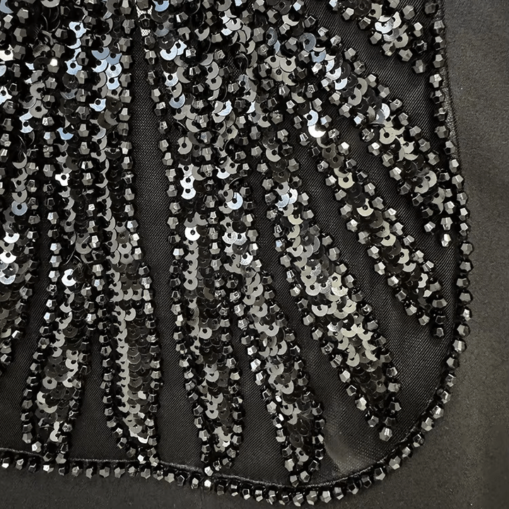 Veyra Sequin Blazer & Sheer Pants Set by Shine | 2 piece long set from Luxe Lane | SKU: -1 | Barcode:  | Options: Black S | Elegant Formal Evening Party Clubwear Clothing Women Sequined Black Blazer Set Sexy Sheer Wide Leg Pants Two Piece Suit Set