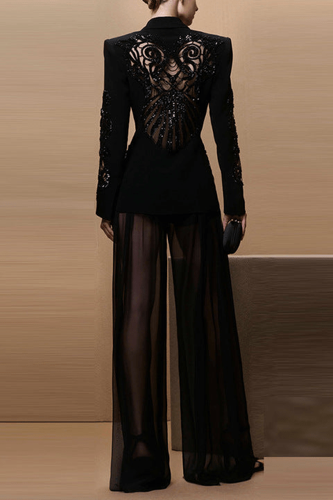 Veyra Sequin Blazer & Sheer Pants Set by Shine | 2 piece long set from Luxe Lane | SKU: -1 | Barcode:  | Options: Black S | Elegant Formal Evening Party Clubwear Clothing Women Sequined Black Blazer Set Sexy Sheer Wide Leg Pants Two Piece Suit Set