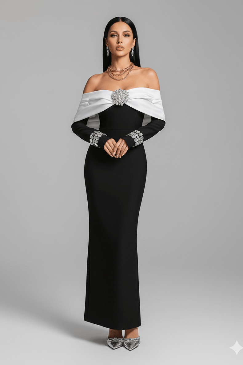 Vienna Off - Shoulder Black & White Bodycon Evening Gown by Guangdong | Party dresses from Luxe Lane | SKU: -1 | Barcode:  | Options: Black S(6) | Woman wearing a black and white off - shoulder evening gown with silver embellishments on a gray background