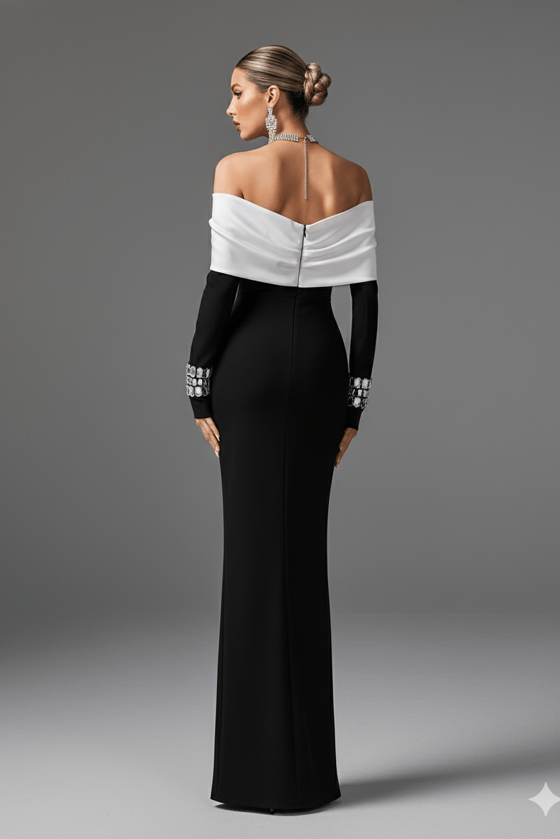 Vienna Off - Shoulder Black & White Bodycon Evening Gown by Guangdong | Party dresses from Luxe Lane | SKU: -1 | Barcode:  | Options: Black S(6) | Woman wearing a black and white evening gown against a gray background
