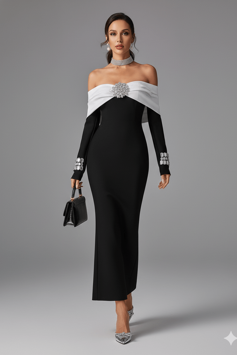 Vienna Off - Shoulder Black & White Bodycon Evening Gown by Guangdong | Party dresses from Luxe Lane | SKU: -1 | Barcode:  | Options: Black S(6) | Woman wearing a black and white off - shoulder dress with a gray background