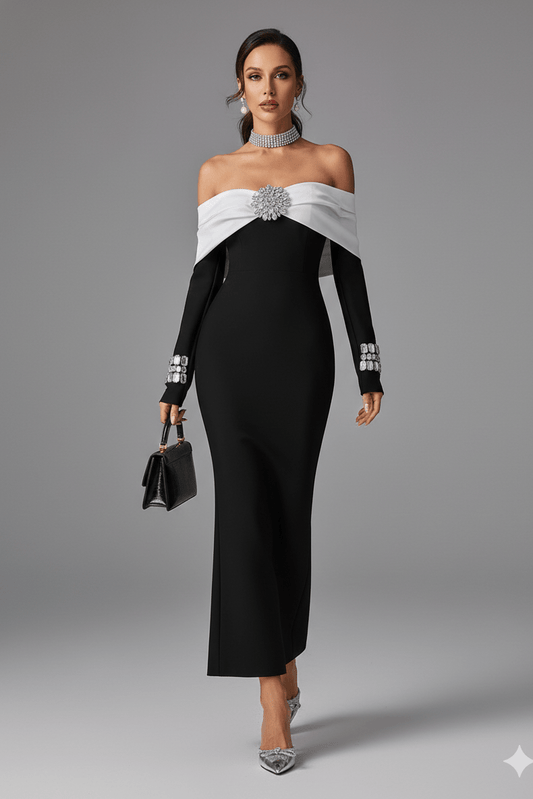 Vienna Off - Shoulder Black & White Bodycon Evening Gown by Guangdong | Party dresses from Luxe Lane | SKU: -1 | Barcode:  | Options: Black S(6) | Woman wearing a black and white off - shoulder dress with a gray background