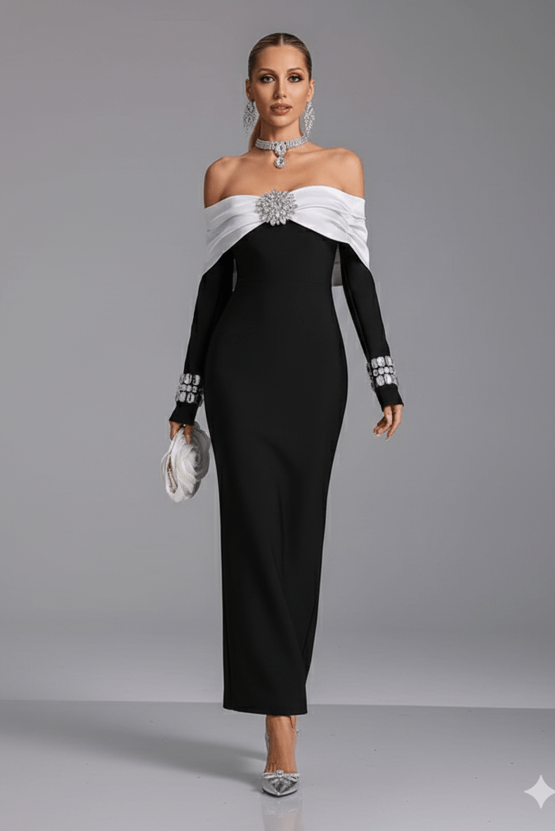 Vienna Off - Shoulder Black & White Bodycon Evening Gown by Guangdong | Party dresses from Luxe Lane | SKU: -1 | Barcode:  | Options: Black S(6) | Woman wearing a black and white off - shoulder dress with embellishments on a gray background