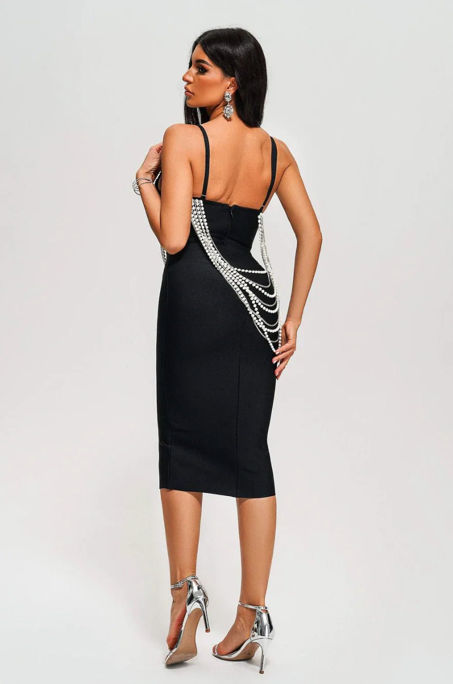 Vienna Pearl Chain Tassel Bandage Dress by Luxe Lane | from Luxe Lane | SKU:  | Barcode:  | Options: White XS | back view of Luxe Lane black pearl chain tassel bandage dress with smooth silhouette and open back