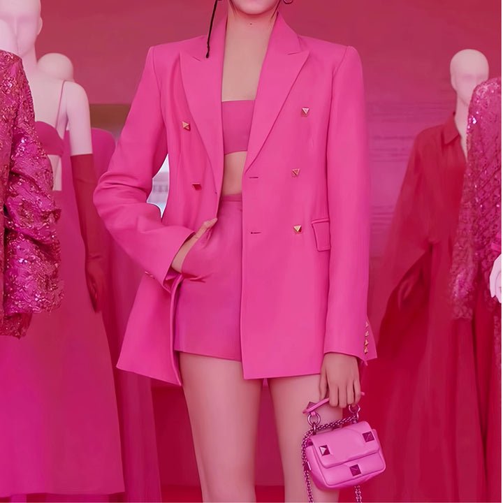 Vienna Structured Blazer & Shorts 3 - Piece Set by Luxe Lane | 3 set from Luxe Lane | SKU: -9 | Barcode: 1 | Options: pink S | Fashionable Boutique Clothing Business Casual Outfit Elegant Blazer Crop Top and Shorts 3 Piece Women's Suit Set for Party Wear