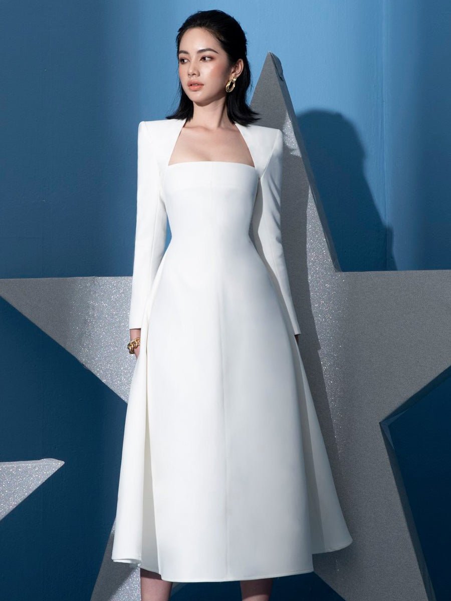 Vienna Vintage Square - Neck Midi Dress by Luxe Lane | from Luxe Lane | SKU:  | Barcode: 0 | Options: Red S | Vintage White Slim Lady Midi Dresses Elegant Women a Line Woven Long Sleeves Party Dresses