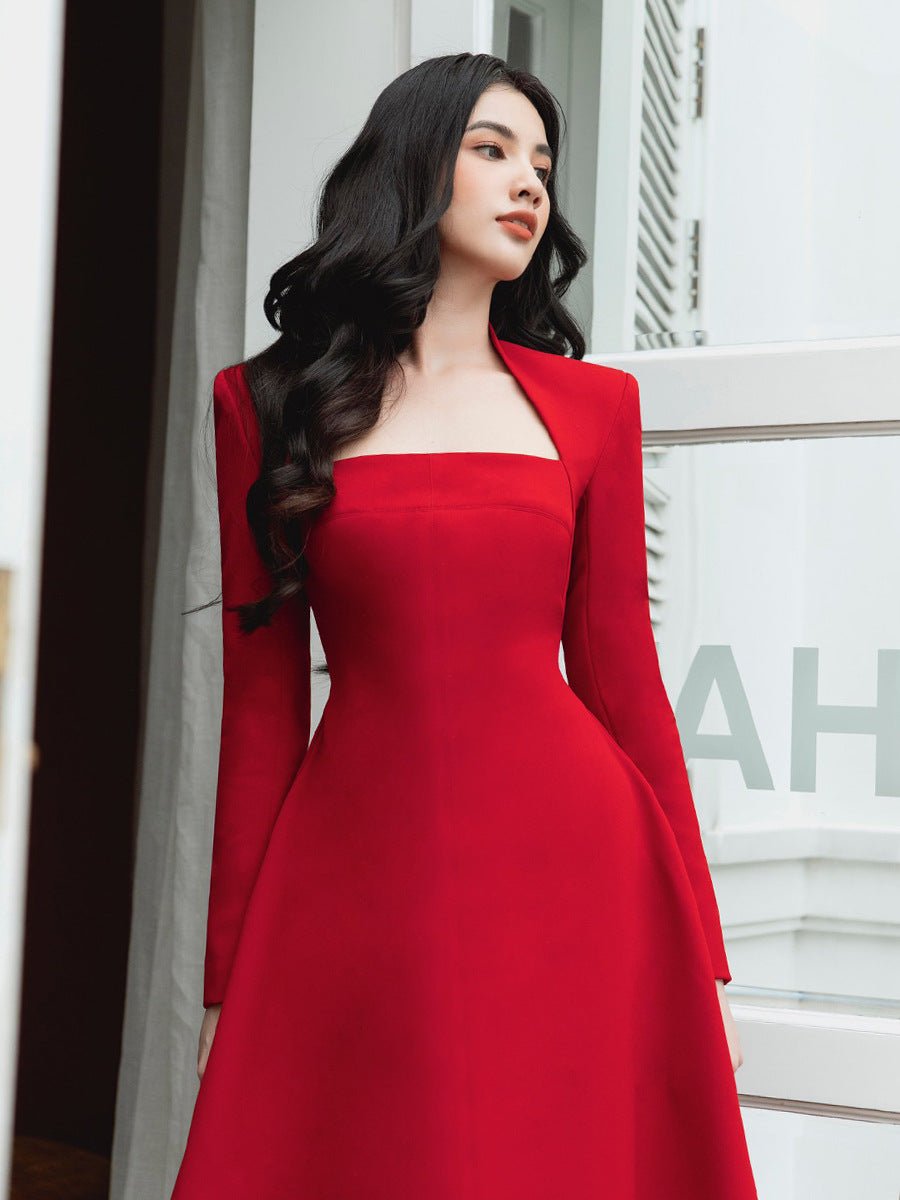 Vienna Vintage Square - Neck Midi Dress by Luxe Lane | from Luxe Lane | SKU:  | Barcode: 0 | Options: Red S | Vintage White Slim Lady Midi Dresses Elegant Women a Line Woven Long Sleeves Party Dresses