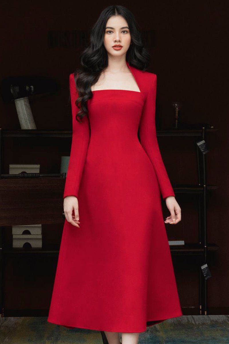 Vienna Vintage Square - Neck Midi Dress by Luxe Lane | from Luxe Lane | SKU:  | Barcode: 0 | Options: Red S | Vintage White Slim Lady Midi Dresses Elegant Women a Line Woven Long Sleeves Party Dresses