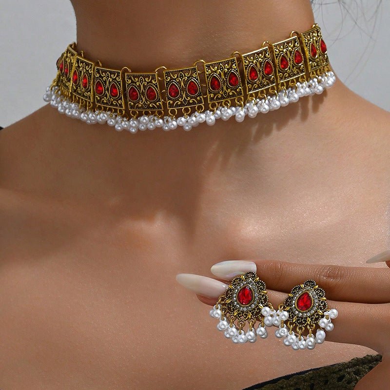 Vintage Peacock Rhinestone Necklace & Earring Set by CJ | 0 from Luxe Lane | SKU: CJLX246211001AZ | Barcode:  | Options: Red | Vintage Peacock Rhinestone Necklace & Earring Set