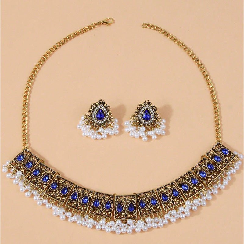 Vintage Peacock Rhinestone Necklace & Earring Set by CJ | 0 from Luxe Lane | SKU: CJLX246211002BY | Barcode:  | Options: Blue | Vintage Peacock Rhinestone Necklace & Earring Set