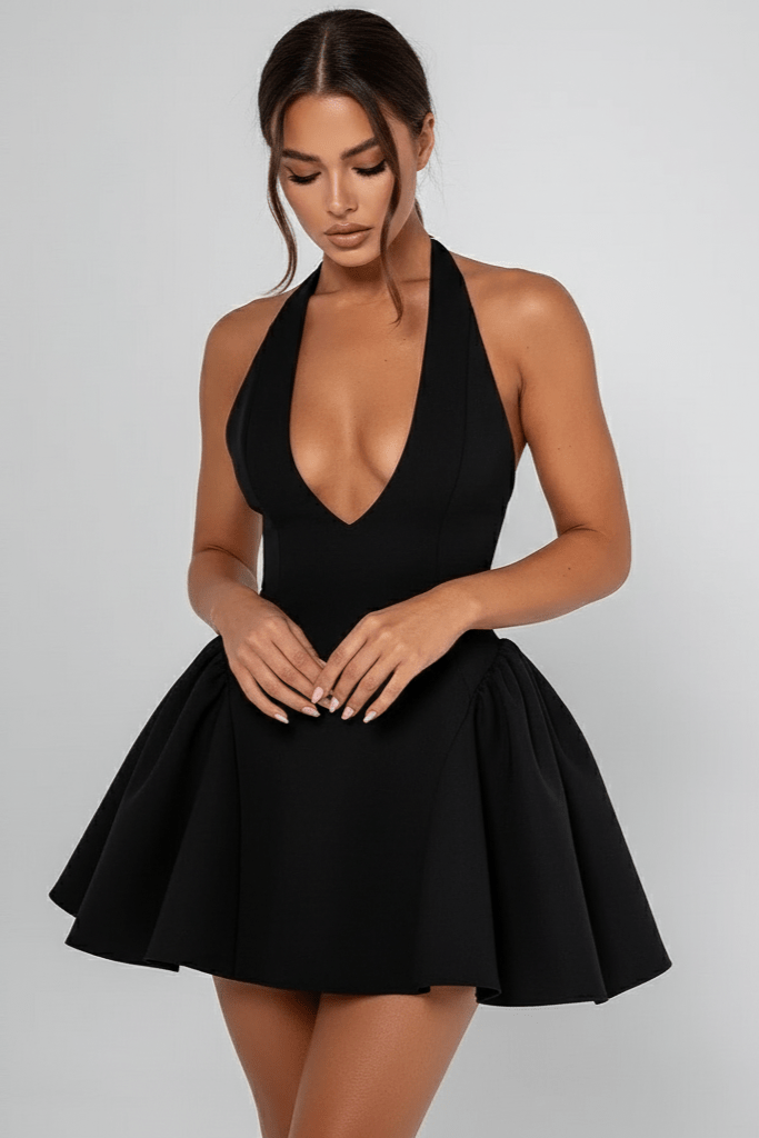 Vivienne Halter Puff Mini Dress by Luxe Lane | from Luxe Lane | SKU:  | Barcode:  | Options: black S | Vivienne Halter Puff Mini Dress
