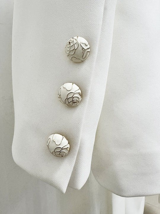 White Double - Breasted Blazer & Wide - Leg Pants Set by Luxe Lane | Blazer from Luxe Lane | SKU: -1 | Barcode:  | Options: White S(6) | Elegant White Double Breasted Blazer Pants Two Piece Set Crystal Buckle Belt Long Sleeve Wide Leg Formal Office Party Outfit