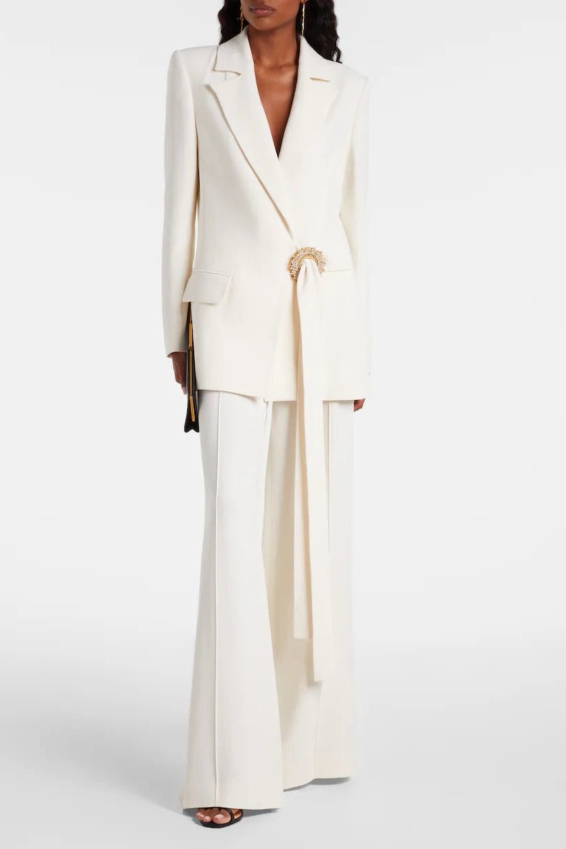 White Double - Breasted Blazer & Wide - Leg Pants Set by Luxe Lane | Blazer from Luxe Lane | SKU: -1 | Barcode:  | Options: White S(6) | Woman wearing a white suit with a belt on a white background