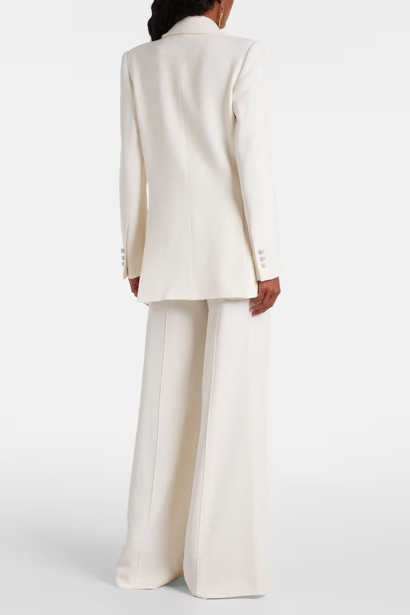 White Double - Breasted Blazer & Wide - Leg Pants Set by Luxe Lane | Blazer from Luxe Lane | SKU: -1 | Barcode:  | Options: White S(6) | Person wearing a white suit on a plain background