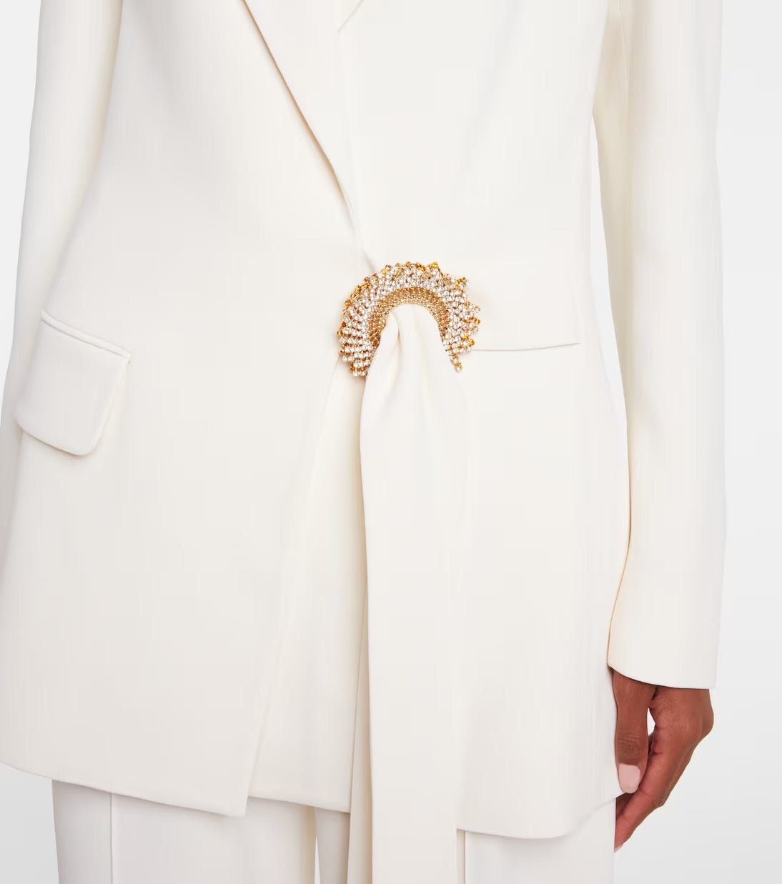 White Double - Breasted Blazer & Wide - Leg Pants Set by Luxe Lane | Blazer from Luxe Lane | SKU: -1 | Barcode:  | Options: White S(6) | White blazer with a decorative brooch on a white background