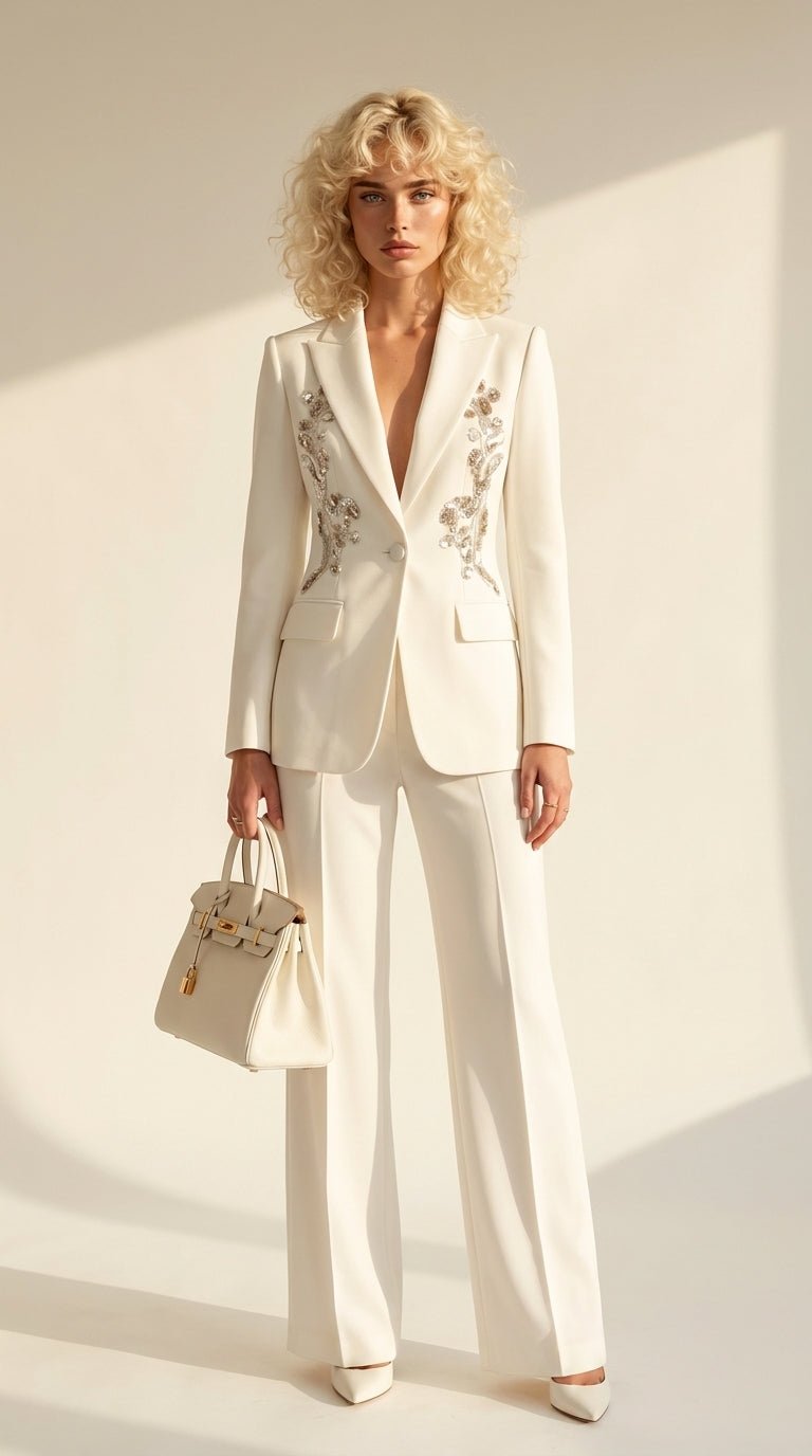 White Floral Sequin Embellished Blazer & Trouser SetWhiteS(6)Luxe Lane