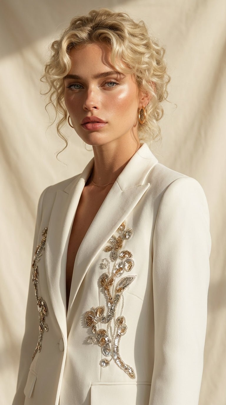 White Floral Sequin Embellished Blazer & Trouser SetWhiteS(6)Luxe Lane