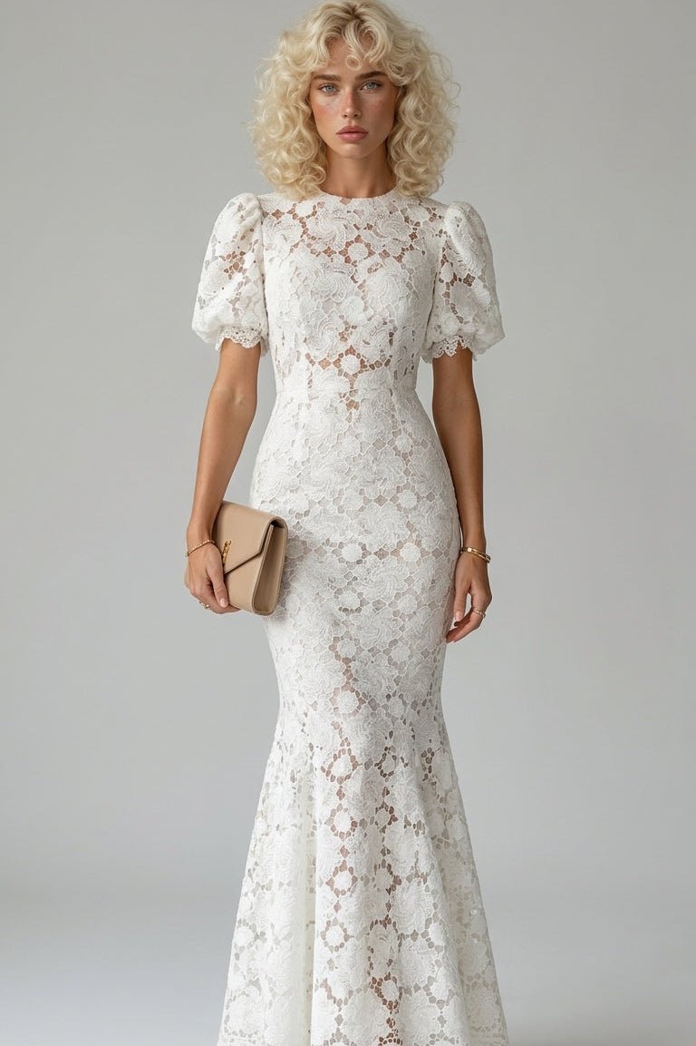 White Guipure Lace Off-Shoulder Puff Sleeve Mermaid Wedding DressWedding DressSLuxe Lane