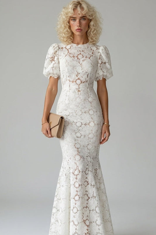 White Guipure Lace Off-Shoulder Puff Sleeve Mermaid Wedding DressWedding DressSLuxe Lane
