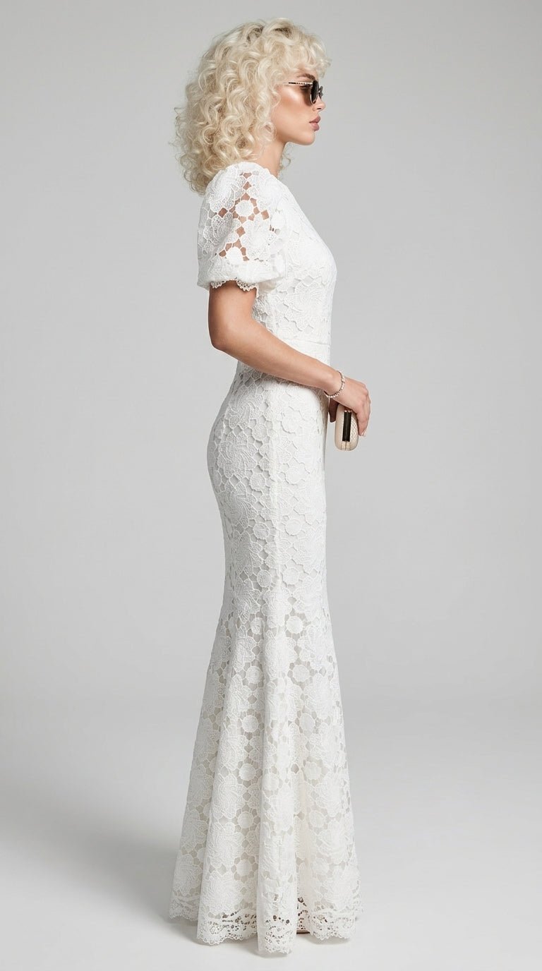 White Guipure Lace Off-Shoulder Puff Sleeve Mermaid Wedding DressWedding DressSLuxe Lane