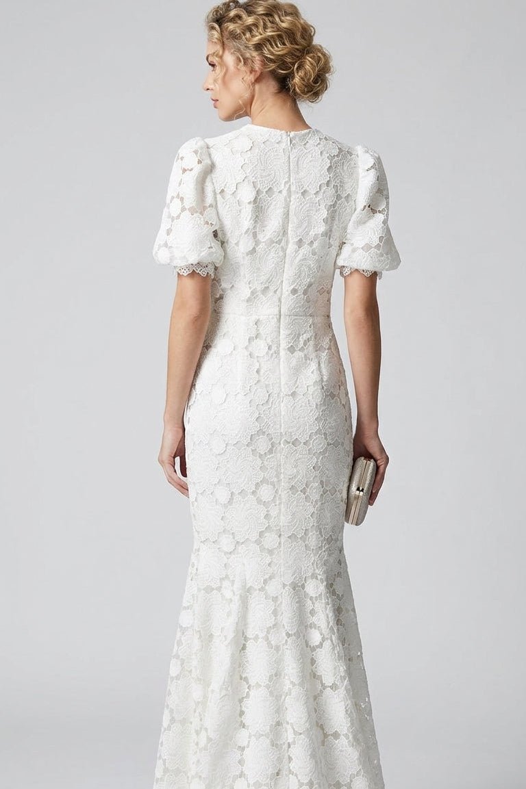 White Guipure Lace Off-Shoulder Puff Sleeve Mermaid Wedding DressWedding DressSLuxe Lane