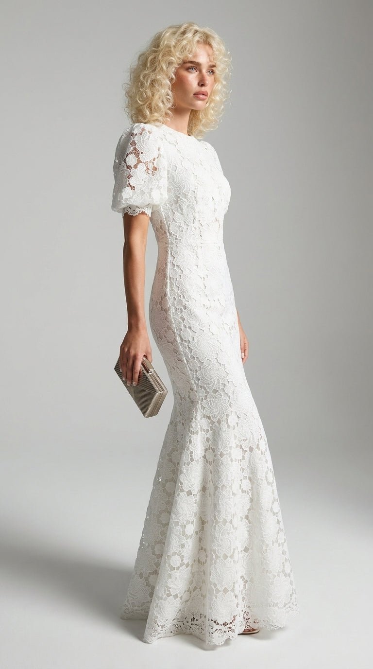 White Guipure Lace Off-Shoulder Puff Sleeve Mermaid Wedding DressWedding DressSLuxe Lane