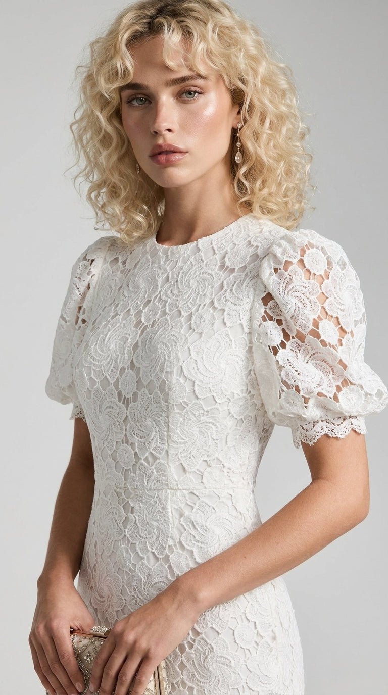 White Guipure Lace Off-Shoulder Puff Sleeve Mermaid Wedding DressWedding DressSLuxe Lane