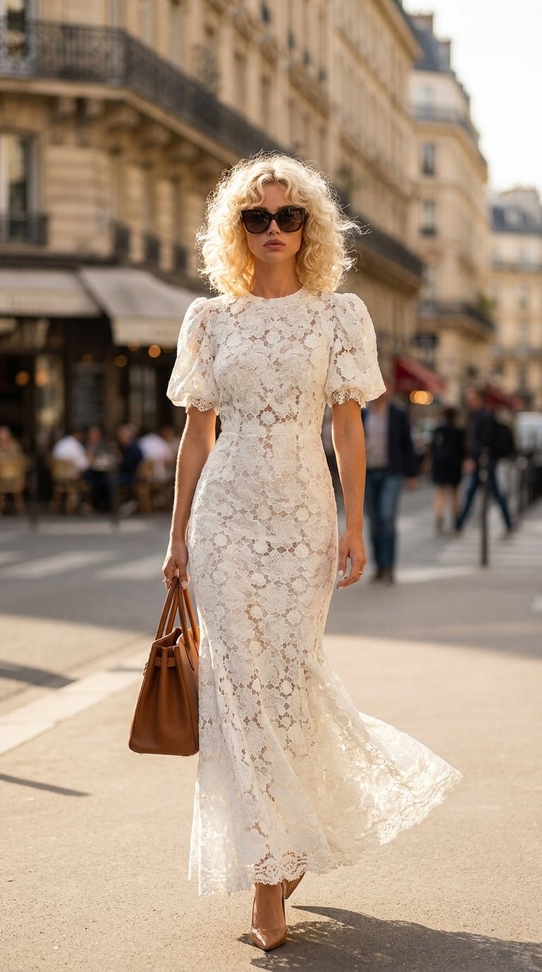 White Guipure Lace Off-Shoulder Puff Sleeve Mermaid Wedding DressWedding DressSLuxe Lane
