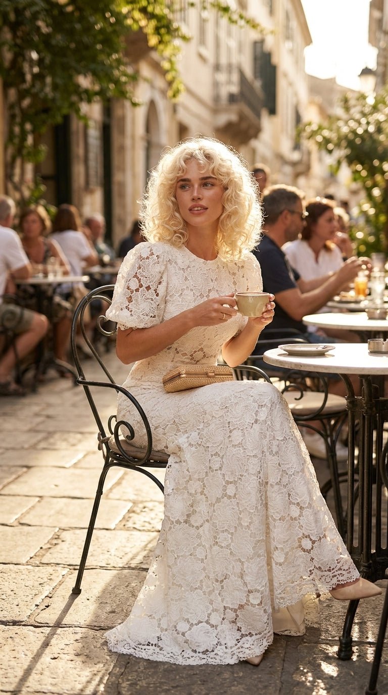 White Guipure Lace Off-Shoulder Puff Sleeve Mermaid Wedding DressWedding DressSLuxe Lane