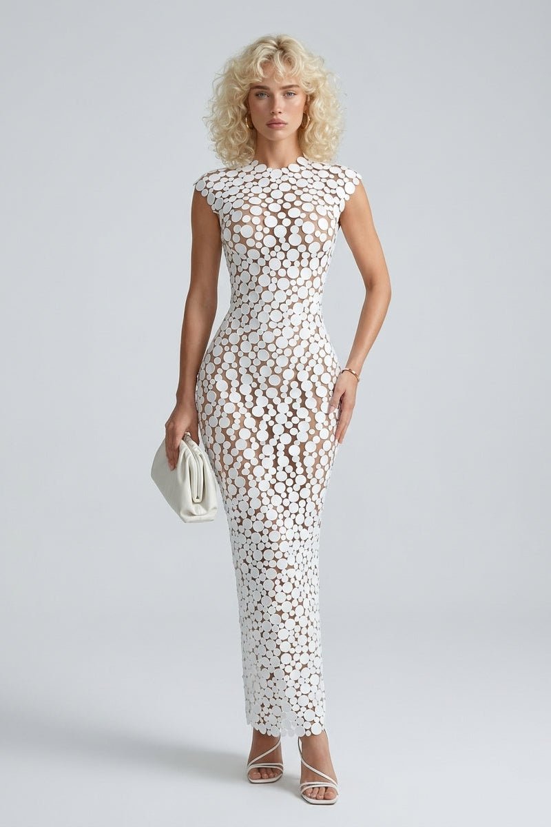 White Round Disc Paillette Sheer Mesh Bodycon Maxi Evening GownEvening DressesWhiteS(6)Luxe Lane