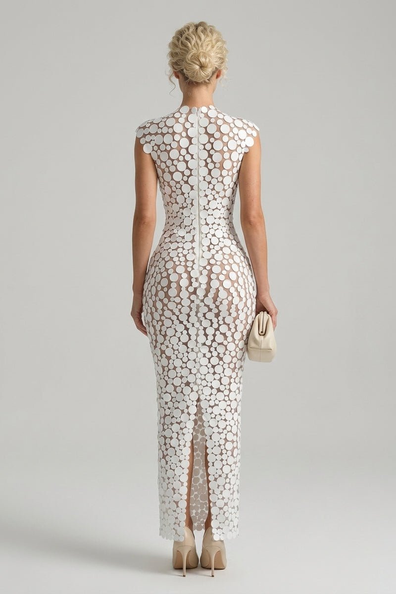 White Round Disc Paillette Sheer Mesh Bodycon Maxi Evening GownEvening DressesWhiteS(6)Luxe Lane