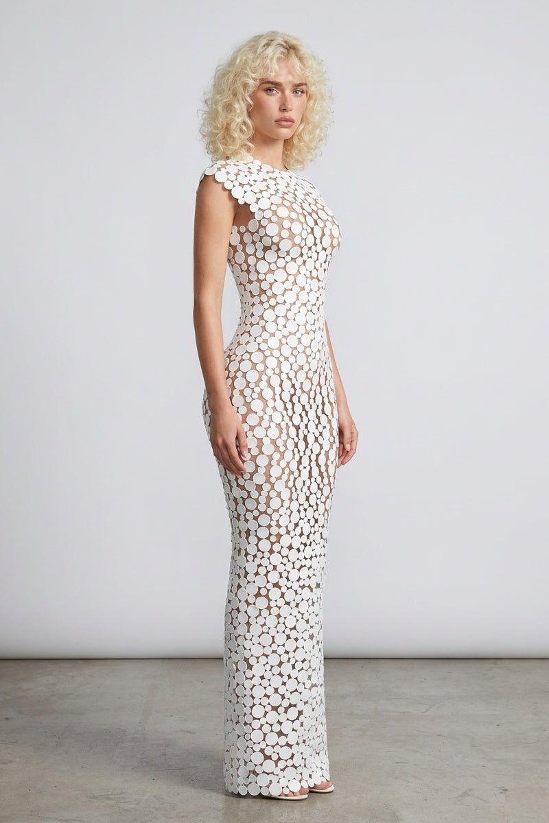 White Round Disc Paillette Sheer Mesh Bodycon Maxi Evening GownEvening DressesWhiteS(6)Luxe Lane