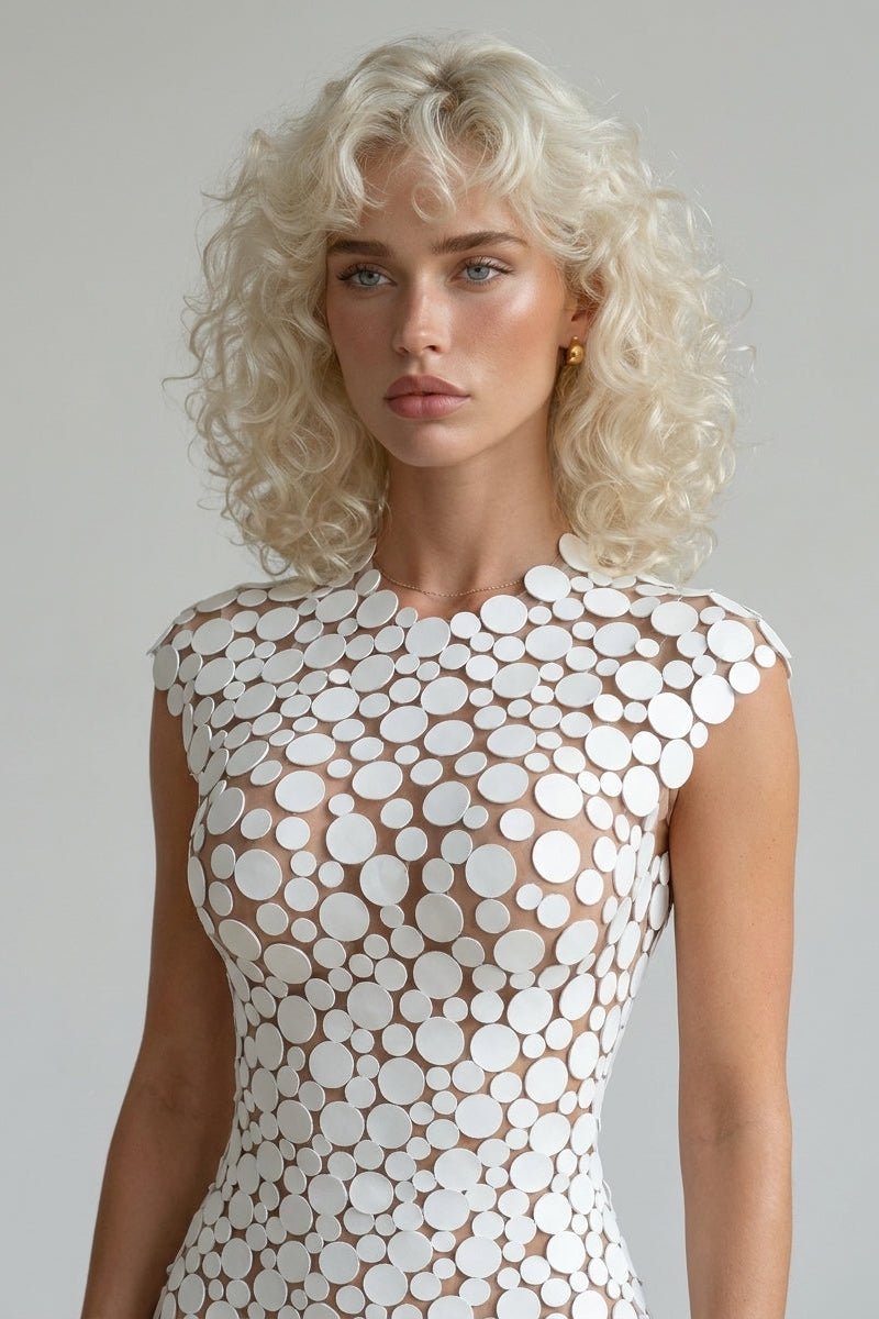White Round Disc Paillette Sheer Mesh Bodycon Maxi Evening GownEvening DressesWhiteS(6)Luxe Lane