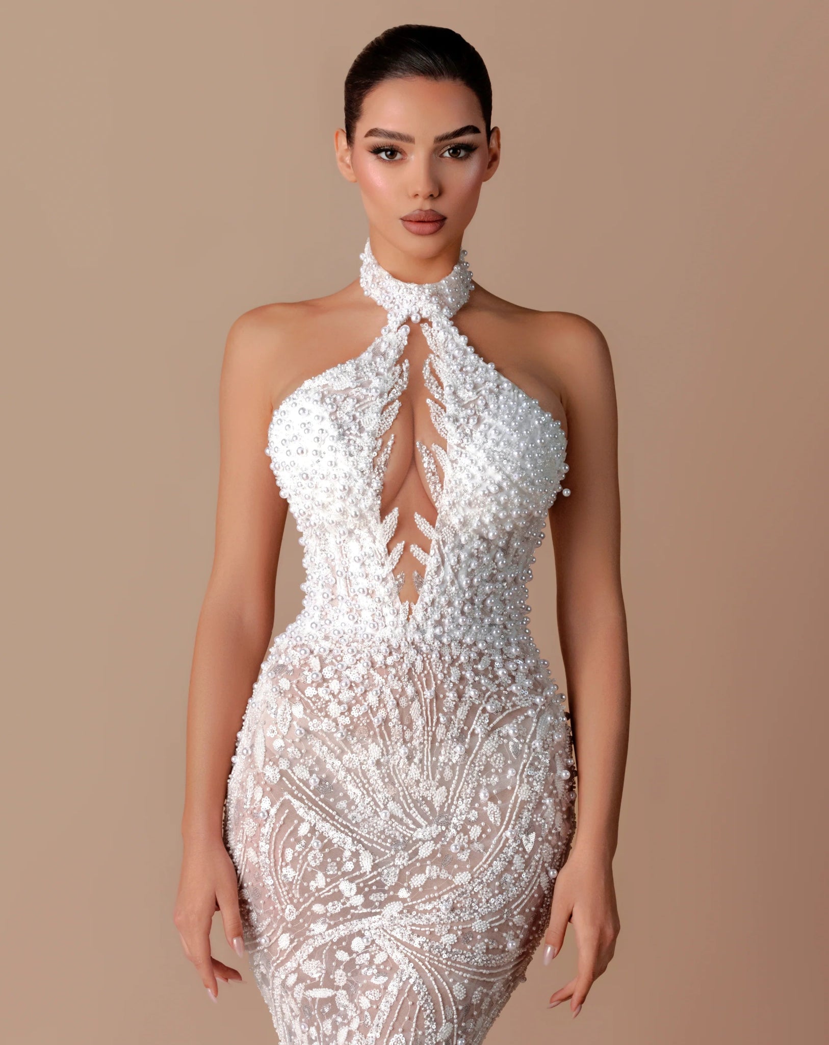 White Sequin Halter Backless Mermaid Evening Gown by Luxe Lane | mermaid gown from Luxe Lane | SKU: W11508-1 | Barcode:  | Options: White XS(0) | White Sequin Halter Backless Mermaid Evening Gown