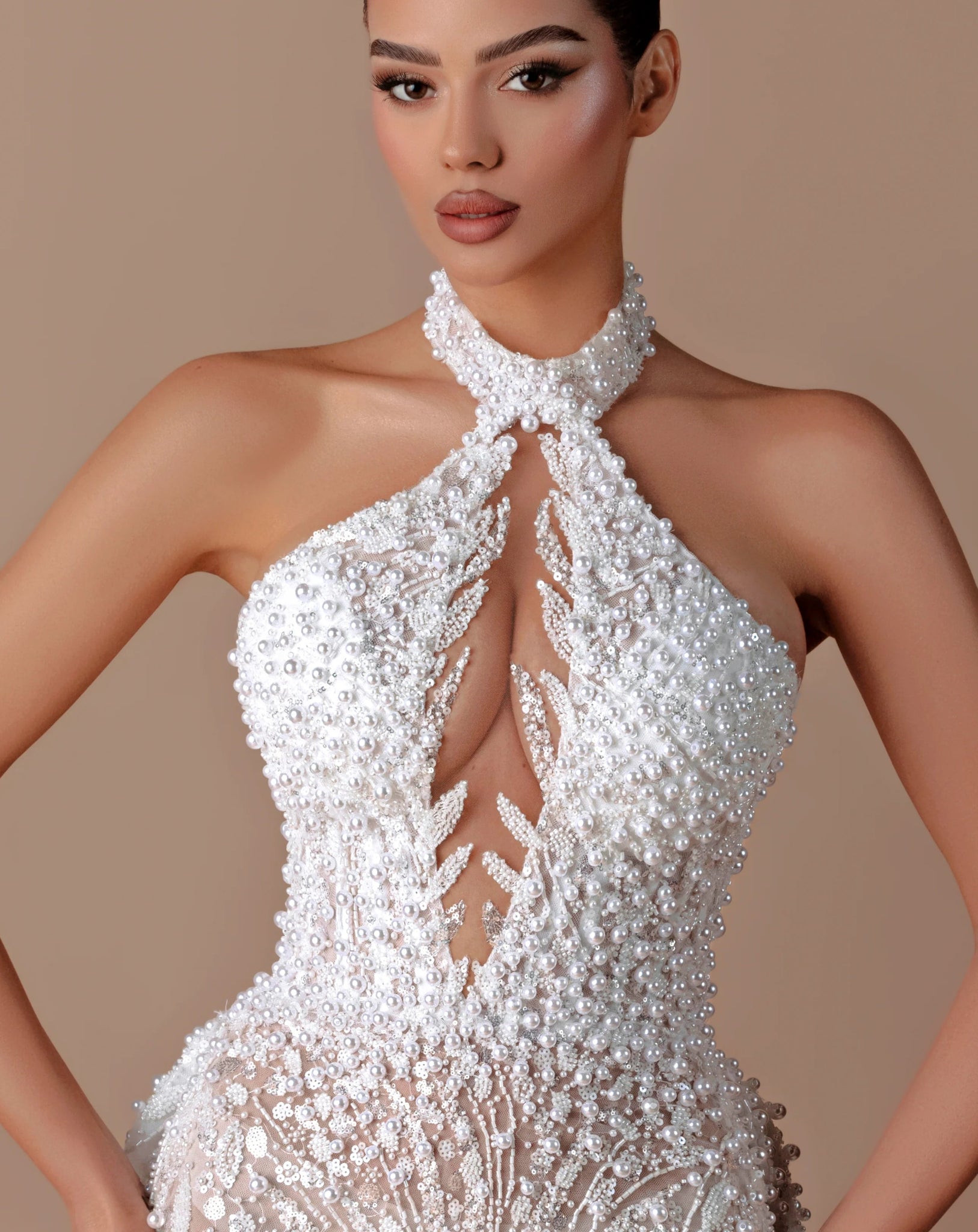 White Sequin Halter Backless Mermaid Evening Gown by Luxe Lane | mermaid gown from Luxe Lane | SKU: W11508-1 | Barcode:  | Options: White XS(0) | White Sequin Halter Backless Mermaid Evening Gown