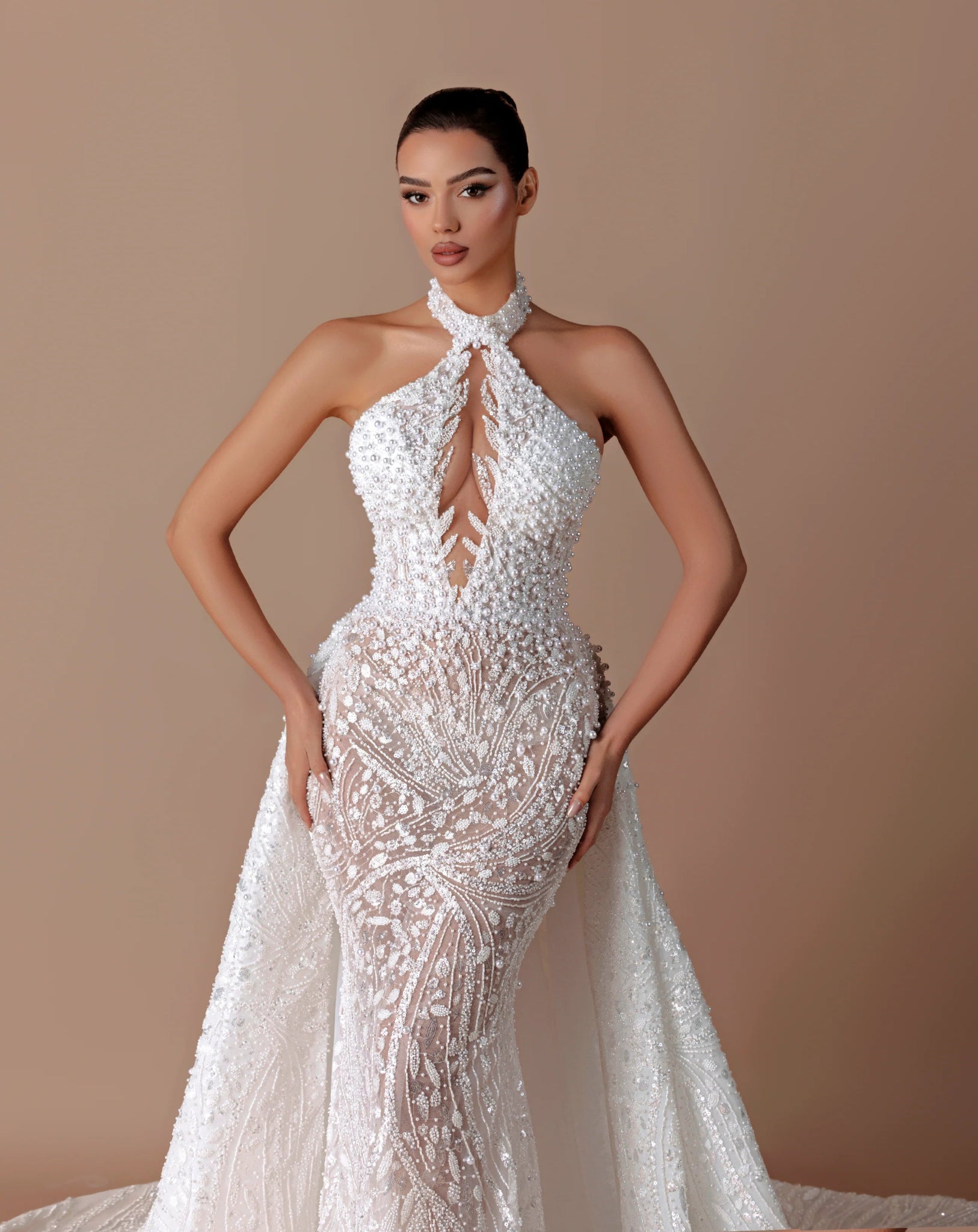 White Sequin Halter Backless Mermaid Evening Gown by Luxe Lane | mermaid gown from Luxe Lane | SKU: W11508-1 | Barcode:  | Options: White XS(0) | White Sequin Halter Backless Mermaid Evening Gown