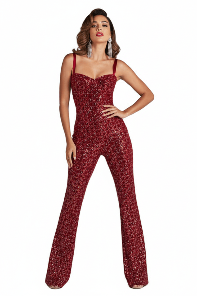 Wine Velvet Sequin Jumpsuit by Luxe Lane | from Luxe Lane | SKU:  | Barcode:  | Options: Red XS | Wine Velvet Sequin Jumpsuit
