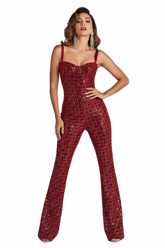 Wine Velvet Sequin Jumpsuit by Luxe Lane | from Luxe Lane | SKU:  | Barcode:  | Options: Red XS | Wine Velvet Sequin Jumpsuit