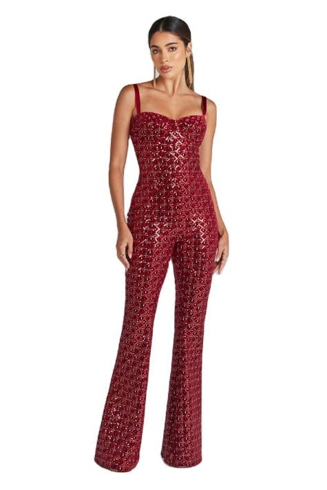 Wine Velvet Sequin Jumpsuit by Luxe Lane | from Luxe Lane | SKU:  | Barcode:  | Options: Red XS | Formal Christmas Party Wine Red Women's Jumpsuits Playsuits Ladies Sequin Velvet Jumpsuit