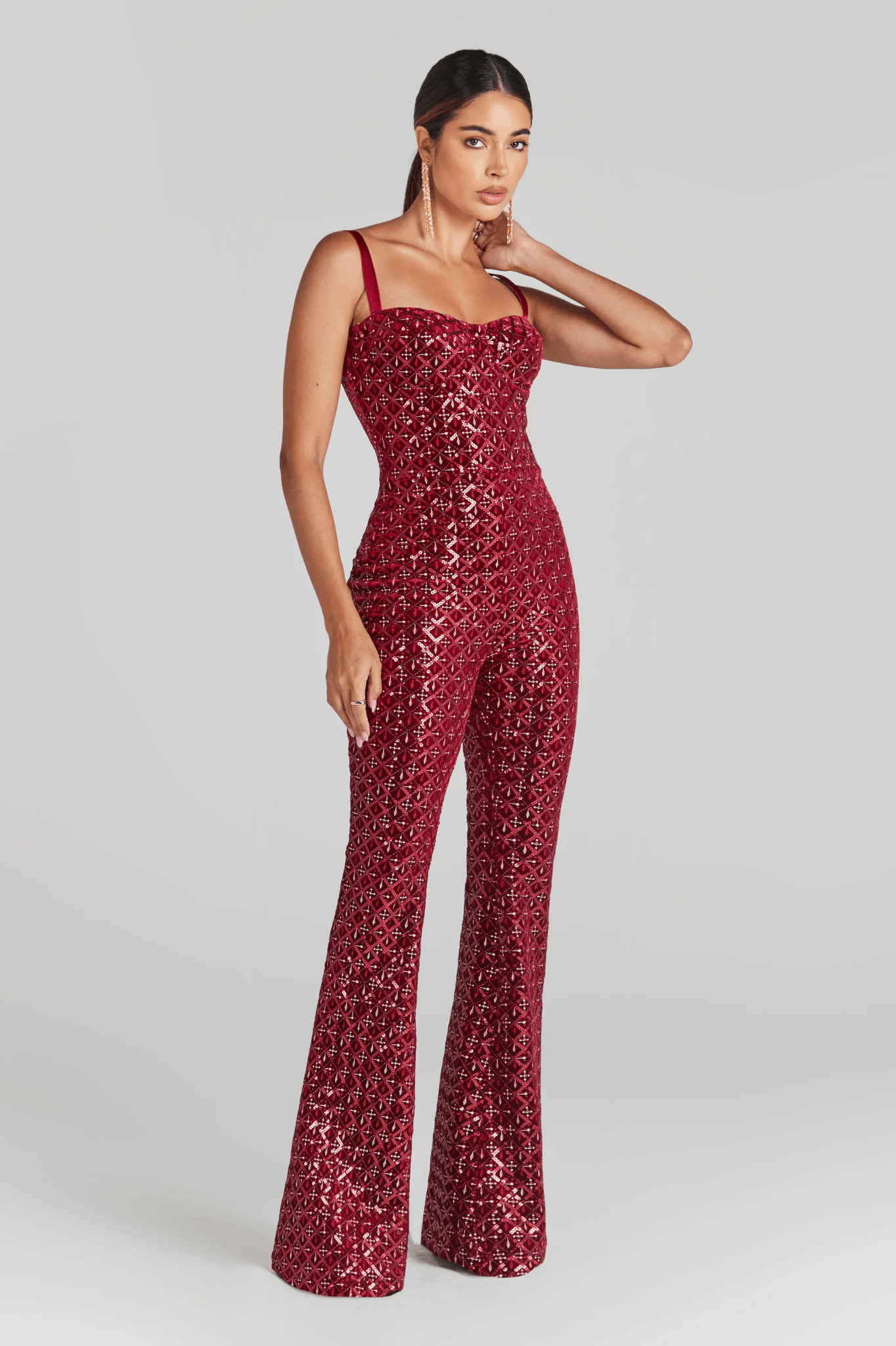 Wine Velvet Sequin Jumpsuit by Luxe Lane | from Luxe Lane | SKU:  | Barcode:  | Options: Red XS | Formal Christmas Party Wine Red Women's Jumpsuits Playsuits Ladies Sequin Velvet Jumpsuit