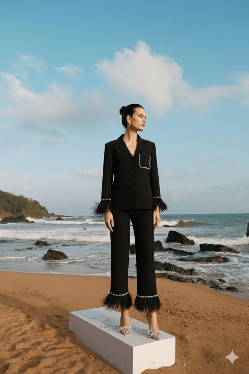 Women’s Black Satin Suit with Feathers by Luxe Lane | from Luxe Lane | SKU:  | Barcode:  | Options: Black S | Women’s Black Satin Suit with Feathers