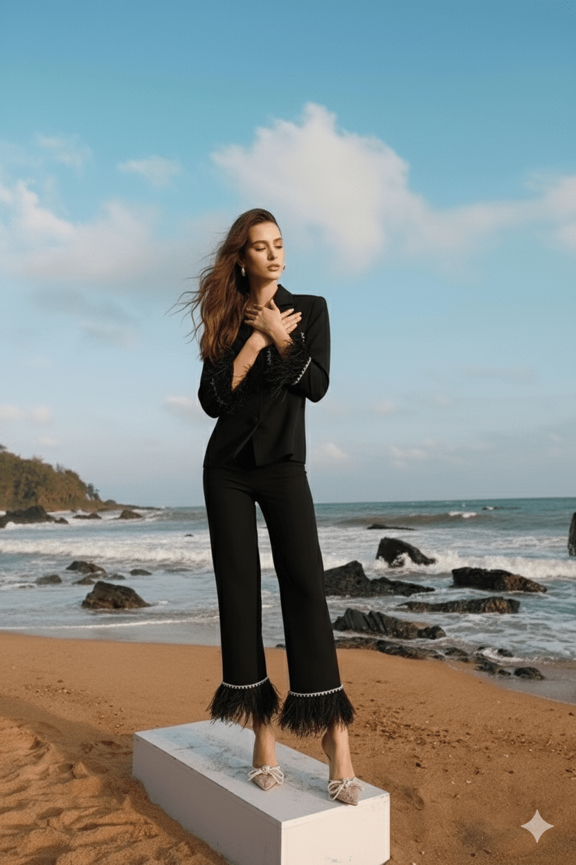 Women’s Black Satin Suit with Feathers by Luxe Lane | from Luxe Lane | SKU:  | Barcode:  | Options: Black S | Women’s Black Satin Suit with Feathers