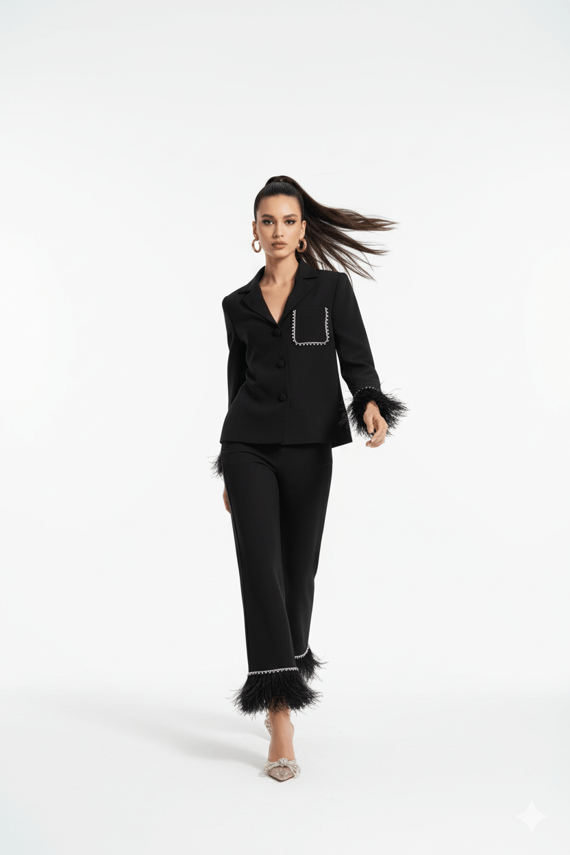 Women’s Black Satin Suit with Feathers by Luxe Lane | from Luxe Lane | SKU:  | Barcode:  | Options: Black S | Women’s Black Satin Suit with Feathers